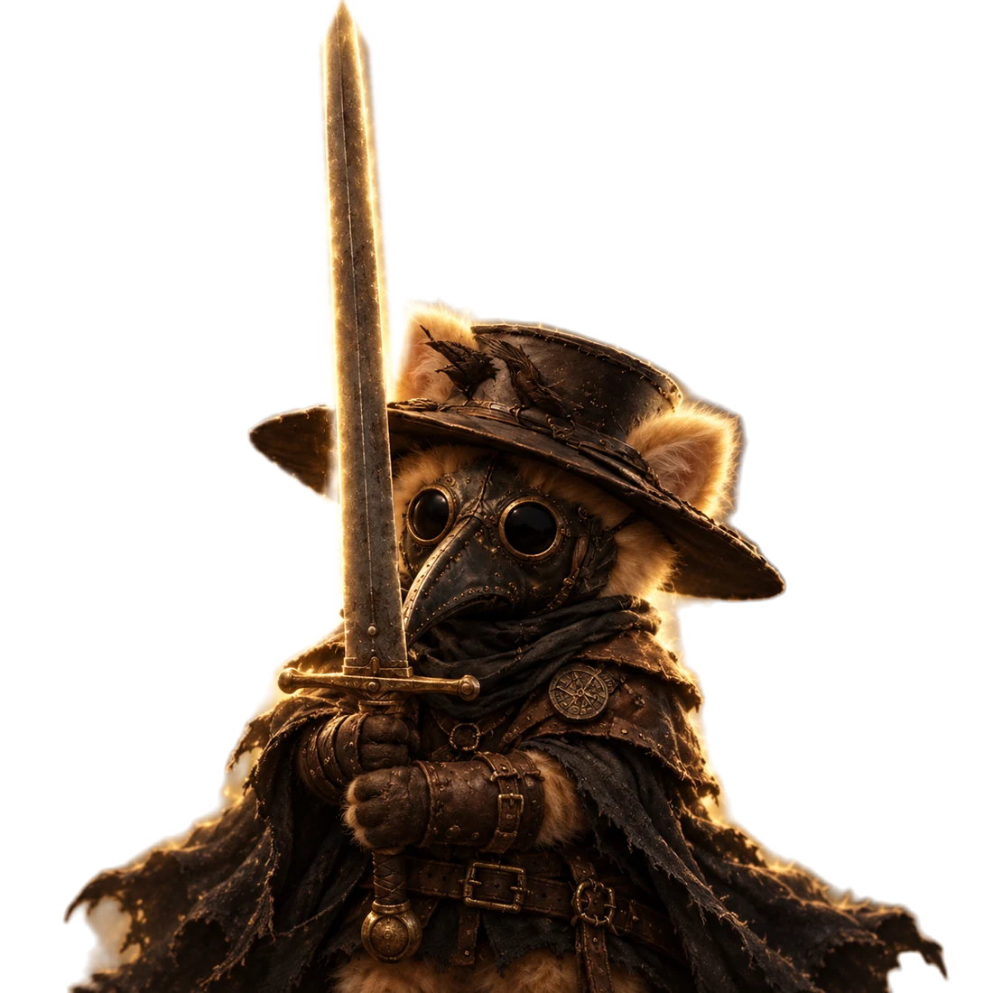 PlagueCat — a cat in a plague doctor mask raising a glowing sword